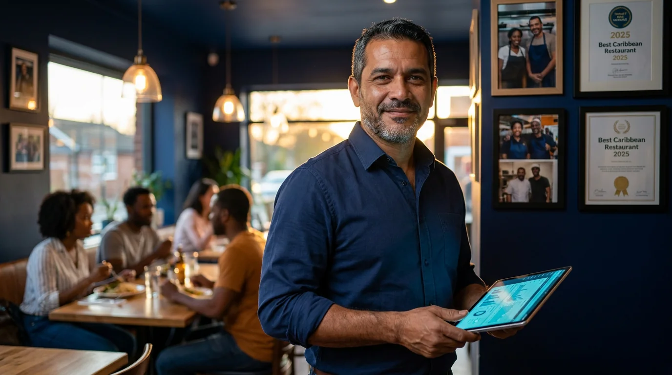 Dueño de pequeño negocio en el comedor de su restaurante, bien vestido, gestionando estratégicamente con una tablet — símbolo de la transformación que SOMATT habilita.